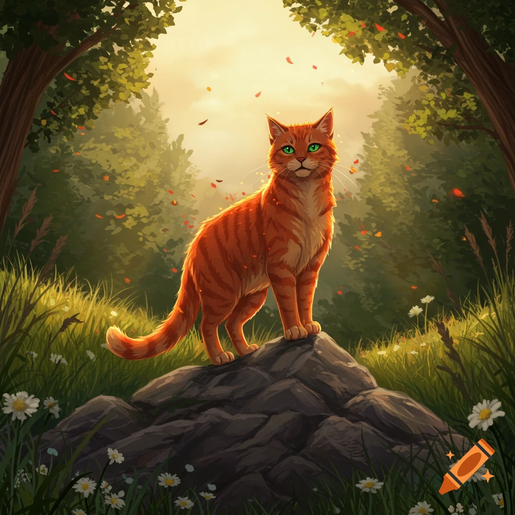 An orange tabby cat with green eyes stands on a rock in a sunlit forest, with autumn leaves falling.