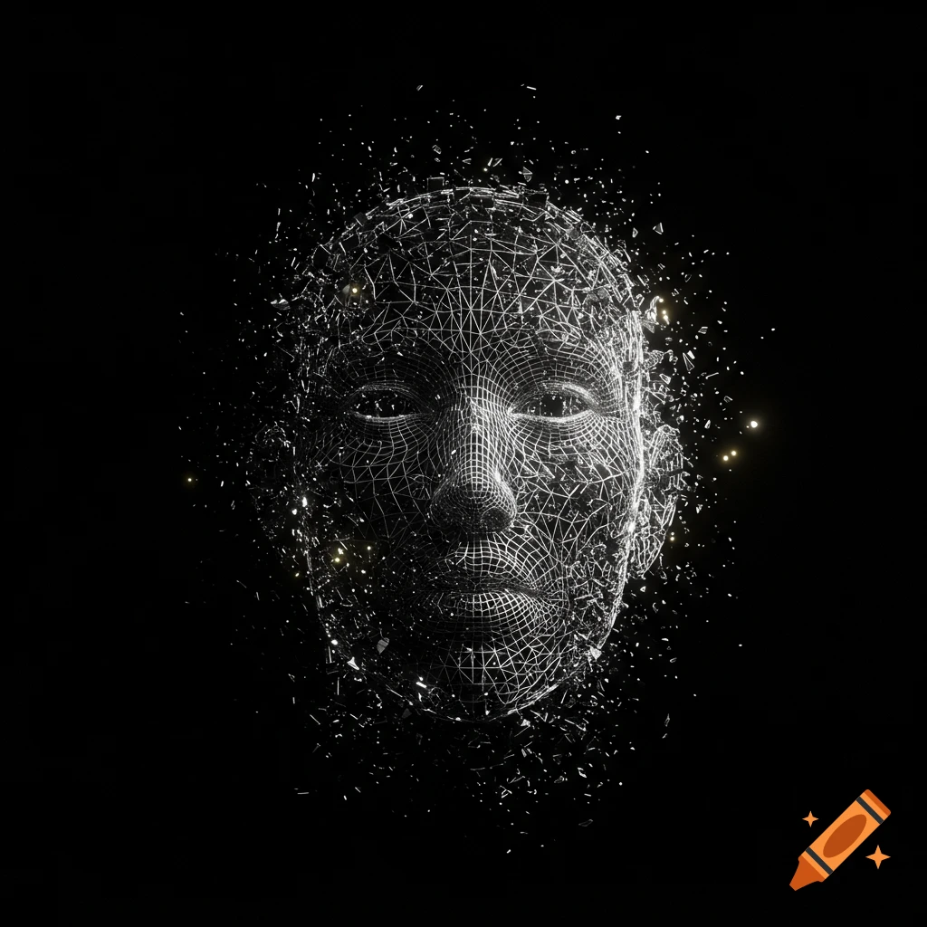 A white wireframe human head disintegrating into fragments on a black background.