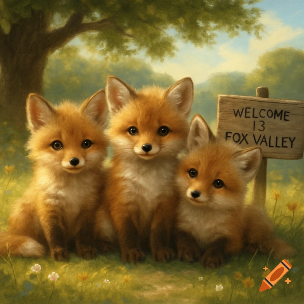 Three fluffy baby foxes sit together in a green field with a wooden 'Welcome Fox Valley' sign nearby.