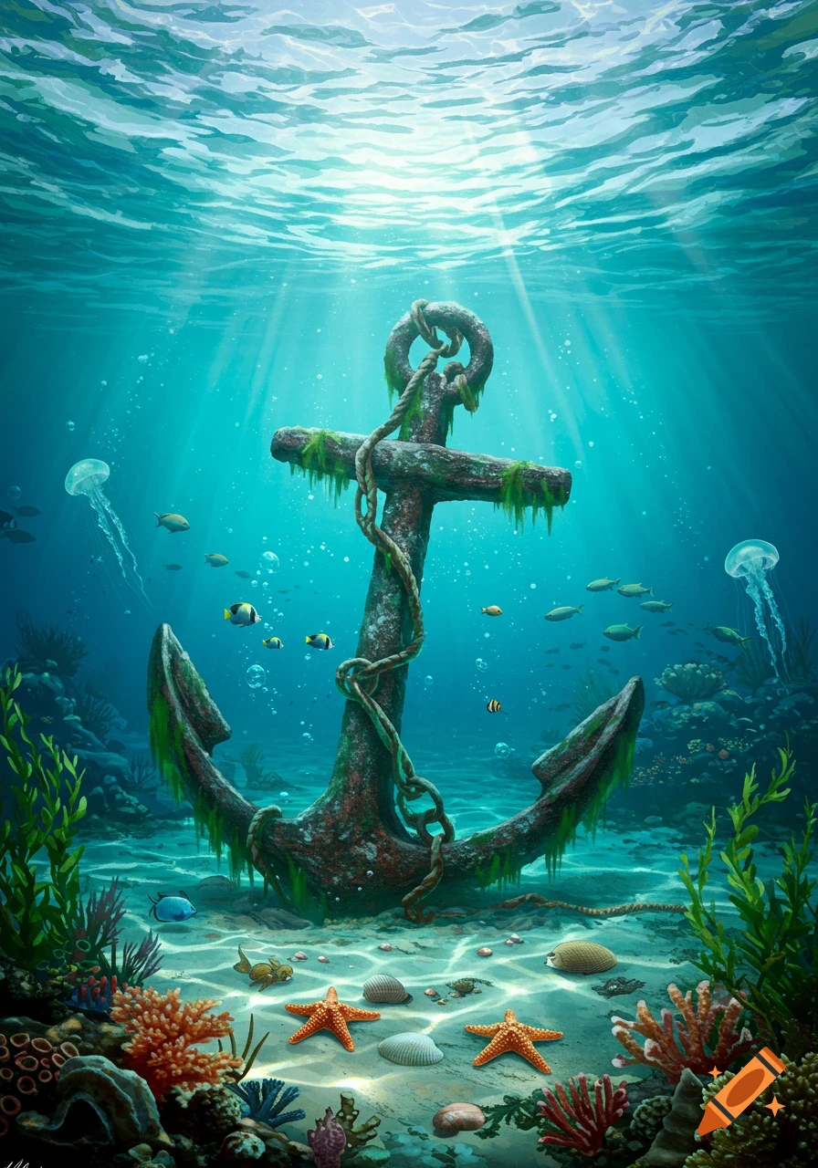 An old, moss-covered anchor rests on the sandy ocean floor, surrounded by vibrant coral, starfish, seashells, and various fish swimming in the clear blue water with sun rays beaming down from the surface.