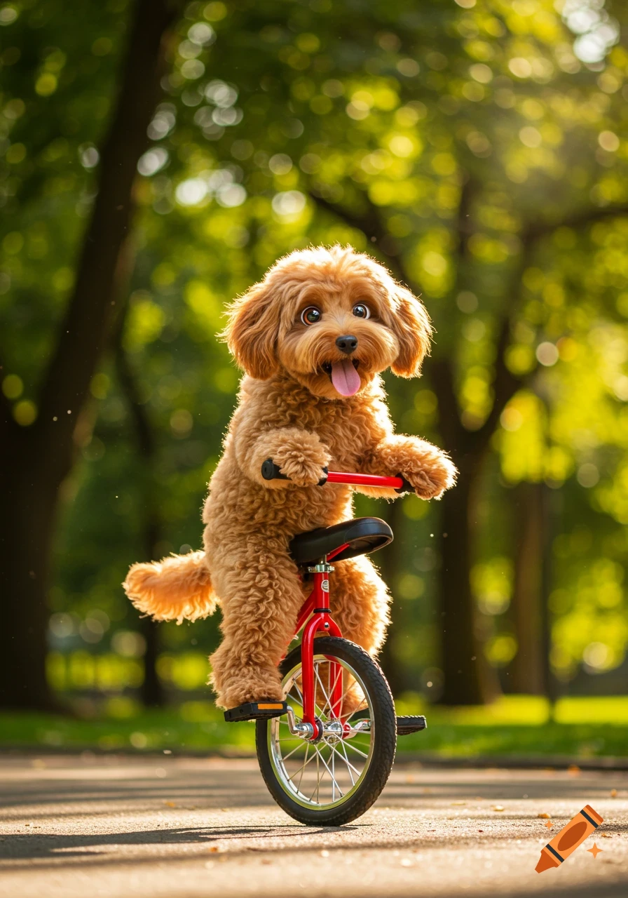 A cute brown puppy rides a red unicycle on a paved path in a sunlit park.