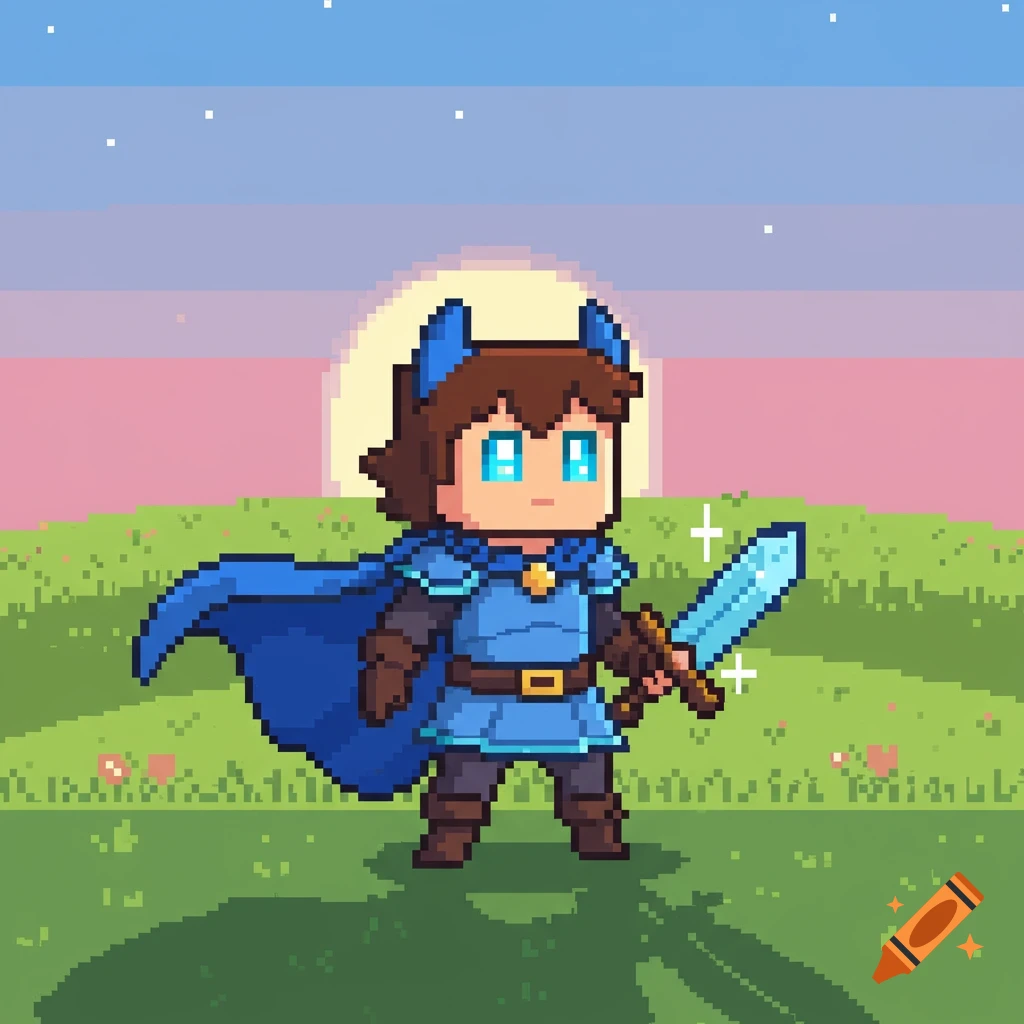 A pixel art character with a blue cape and sword stands in a grassy field under a sunset sky.