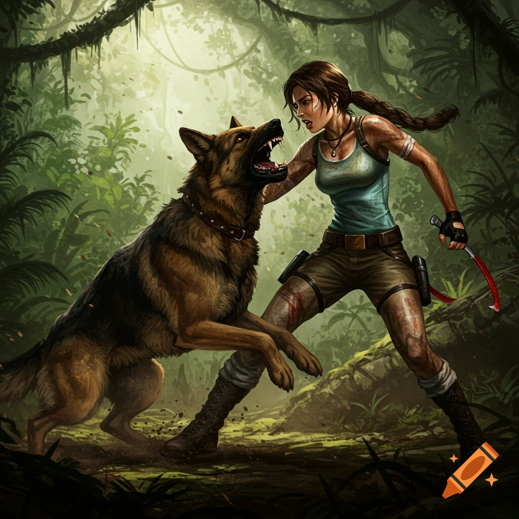Lara Croft confronts an aggressive German Shepherd in a lush jungle, digital painting style.