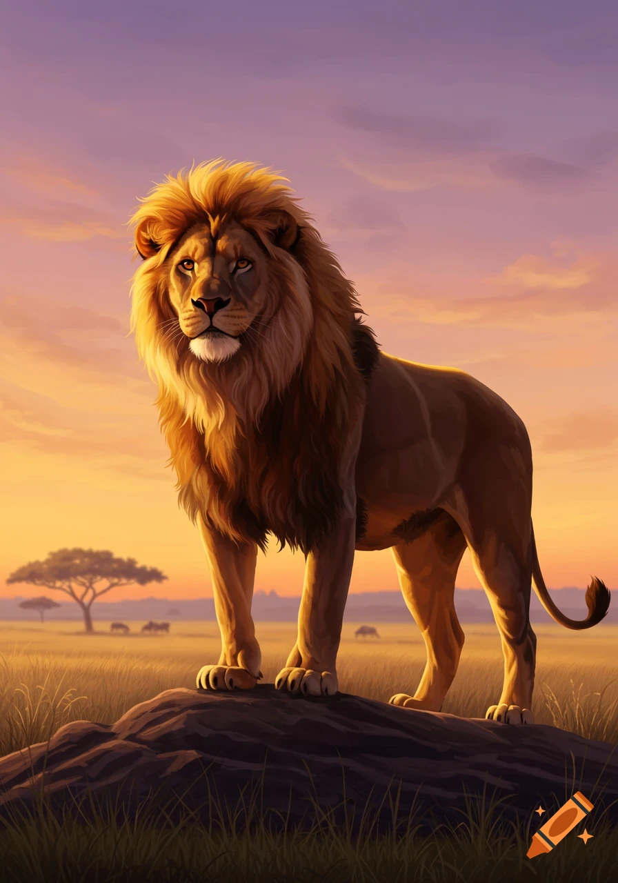 Majestic lion standing on a rock in a golden savanna landscape at sunset, detailed illustration.