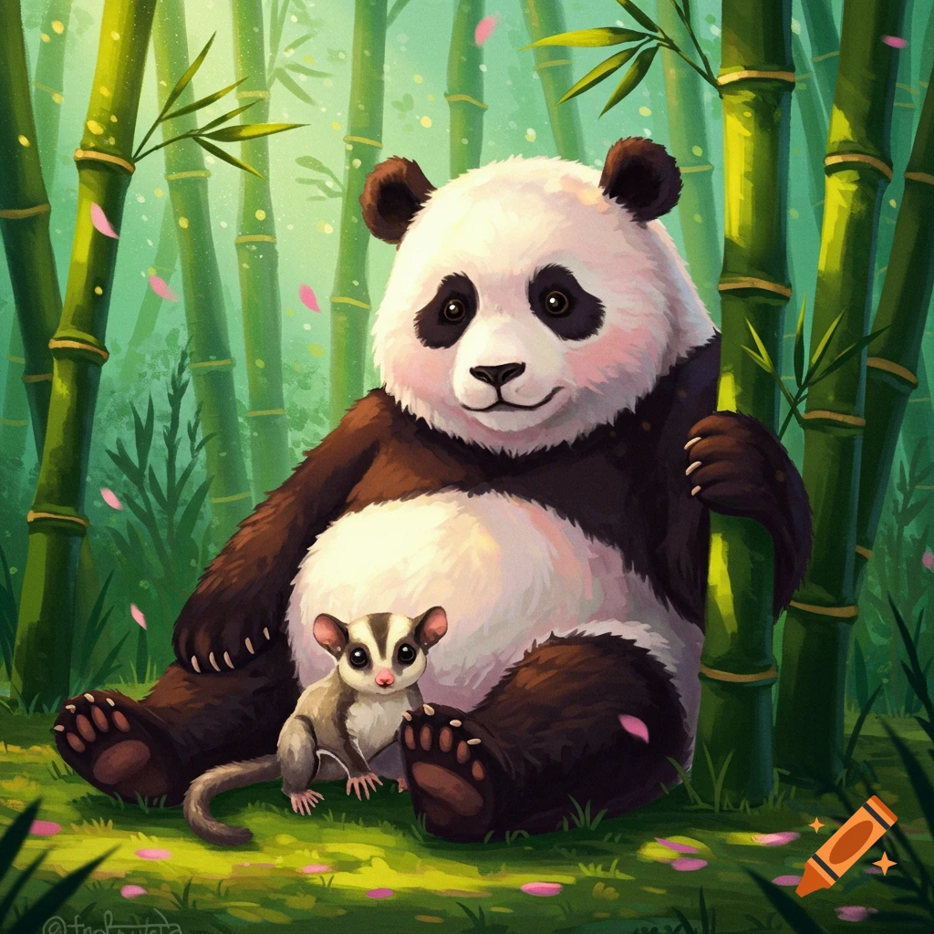 A cute cartoon panda sits with a sugar glider in a vibrant green bamboo forest with pink petals.