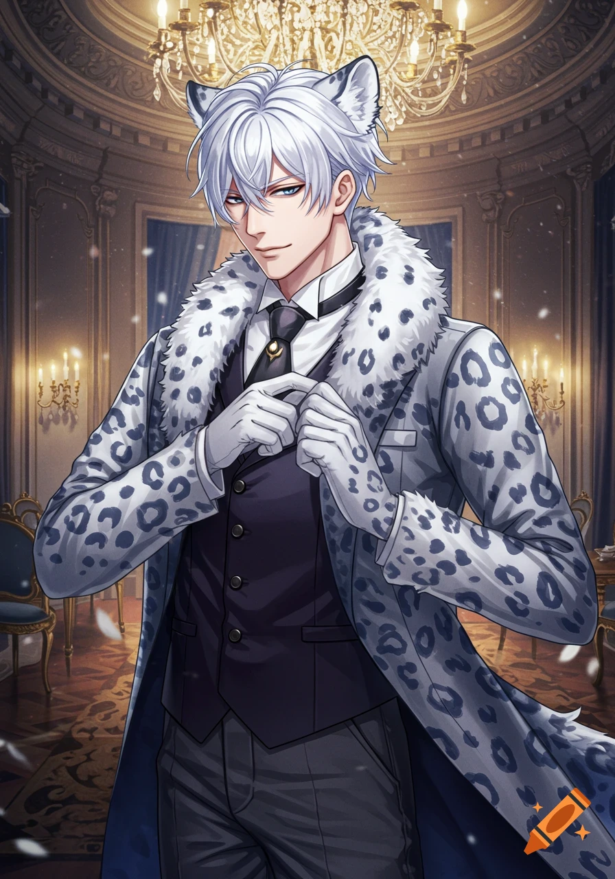 Anime-style snow leopard man in a white fur-collared coat and suit, in a luxurious mansion.
