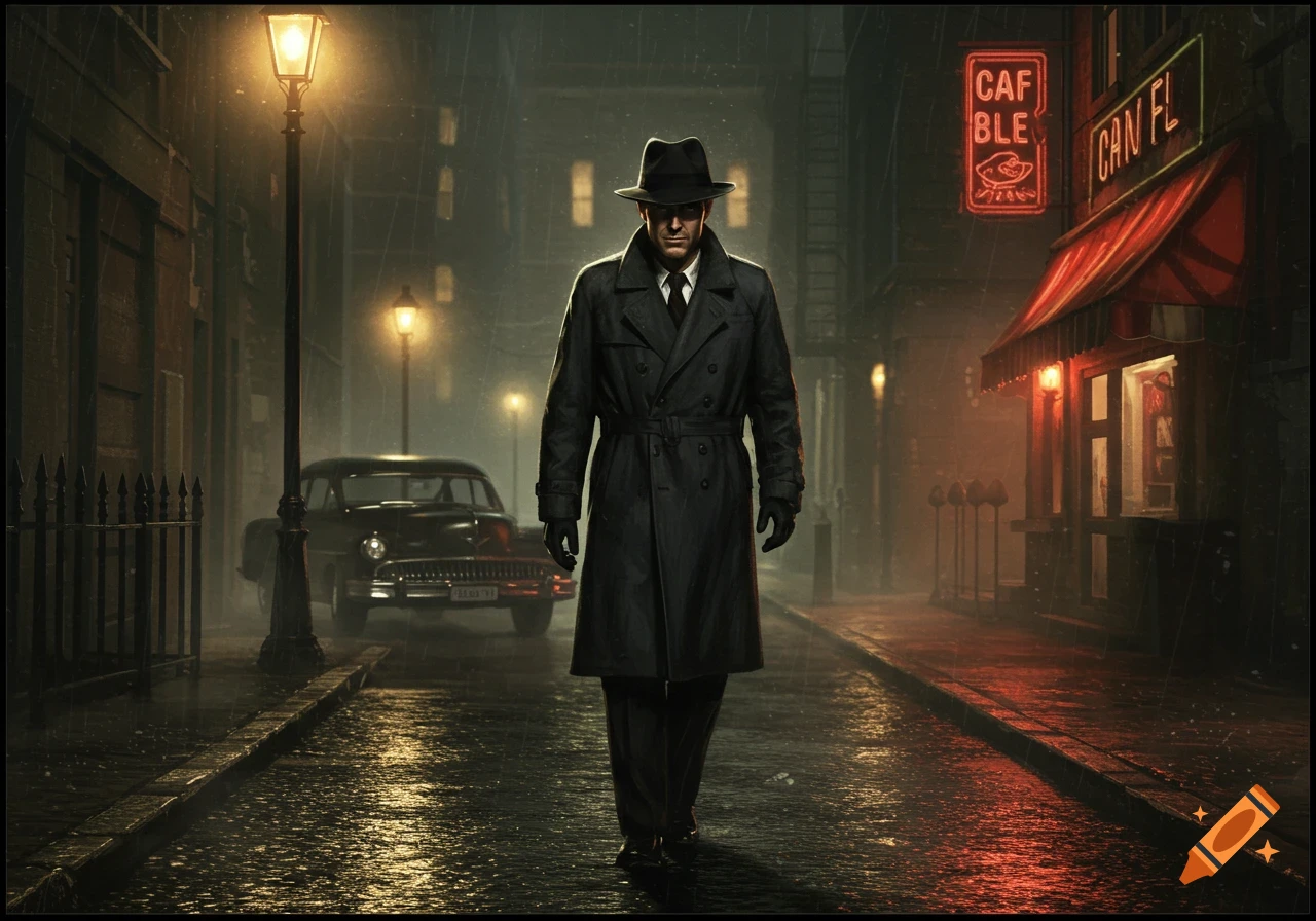 A man in a trench coat and fedora walks down a rainy, dimly lit city street at night, a classic car parked behind him.