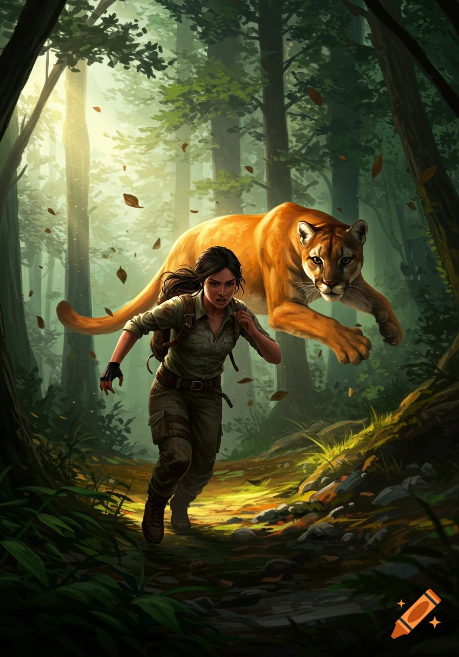 A woman in adventurer gear runs through a sunlit forest as a large mountain lion pounces from behind, dramatic illustration.