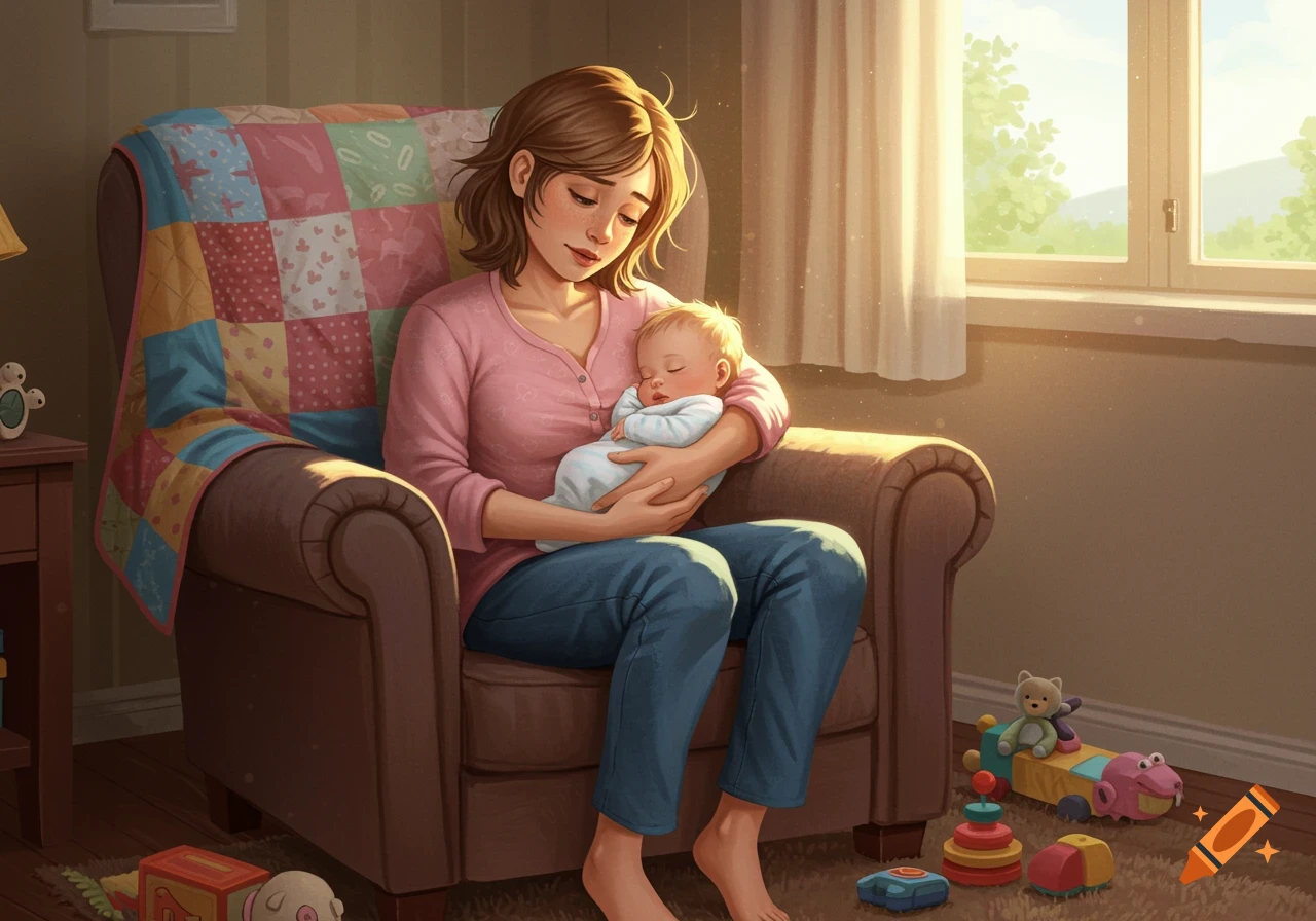 A tired mom sits in an armchair, gently holding her sleeping newborn baby in a sunlit room, digital art.