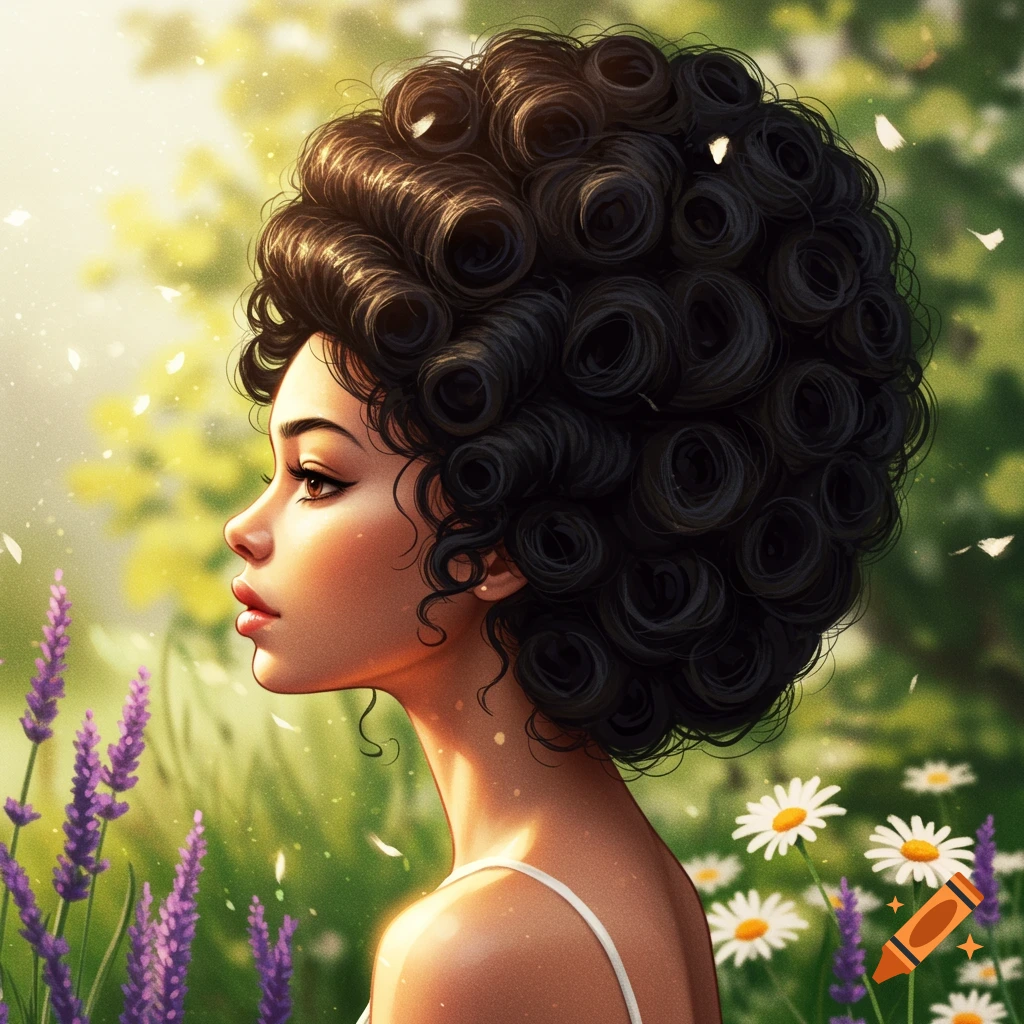 Profile of a woman with dark curly hair in a large beehive, looking right in a sunny field with lavender and daisies.