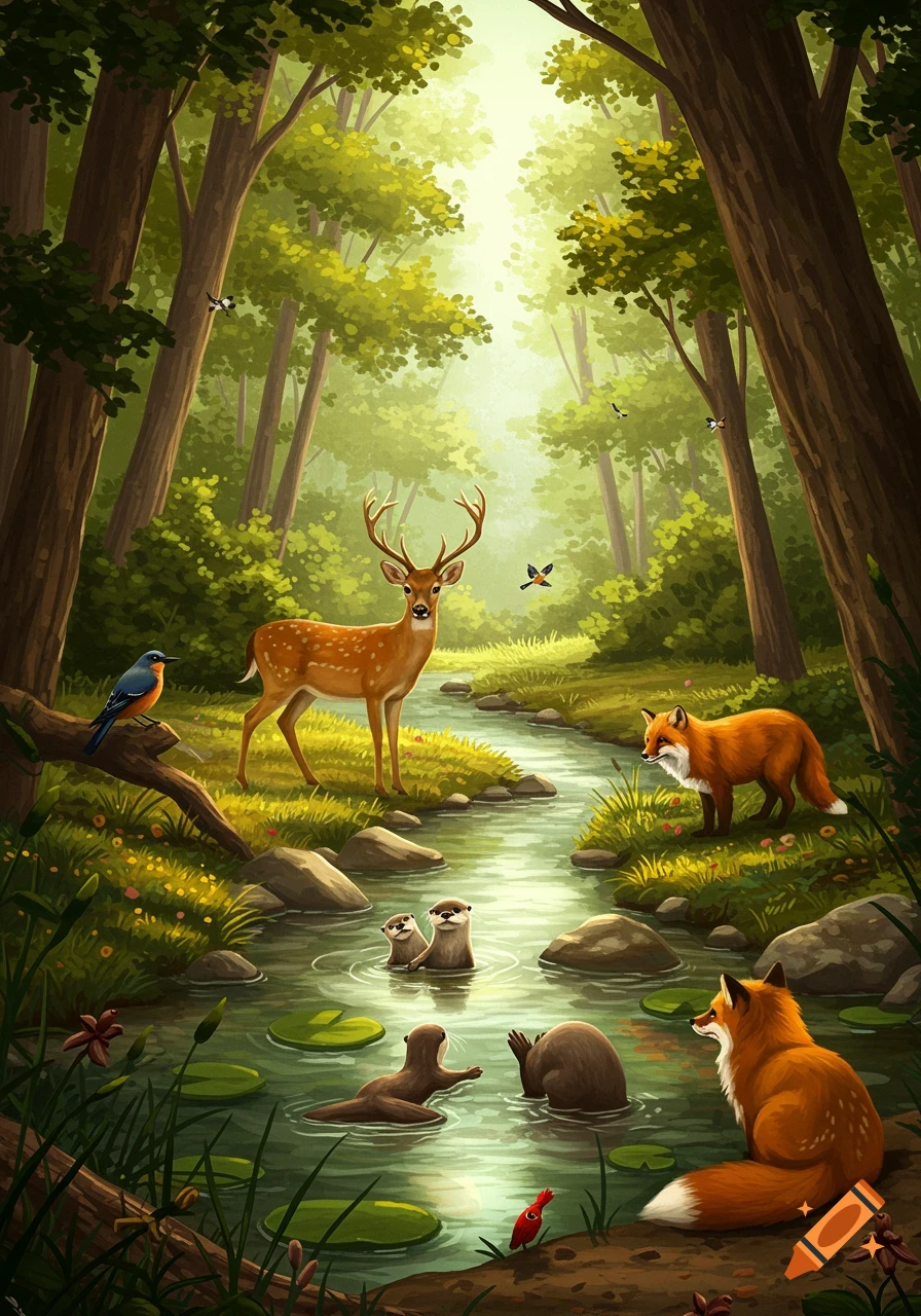 Illustrated forest scene with a deer, foxes, otters, and birds by a flowing stream under a sunlit canopy.