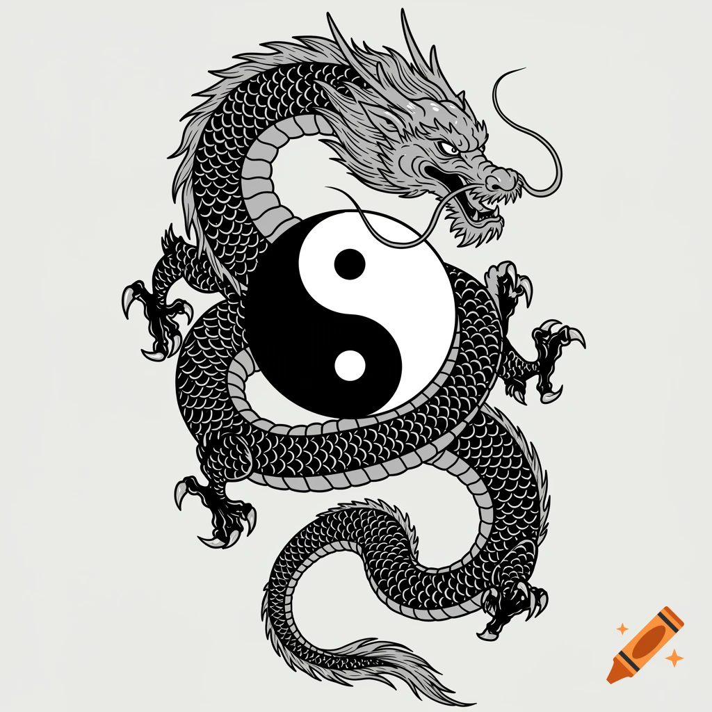 Black and gray Chinese dragon encircling a yin-yang symbol in a flat print style.