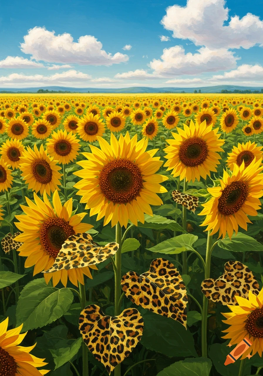 A vibrant field of sunflowers with bright yellow petals and green stems, some leaves featuring a leopard print pattern, under a blue sky with white clouds.