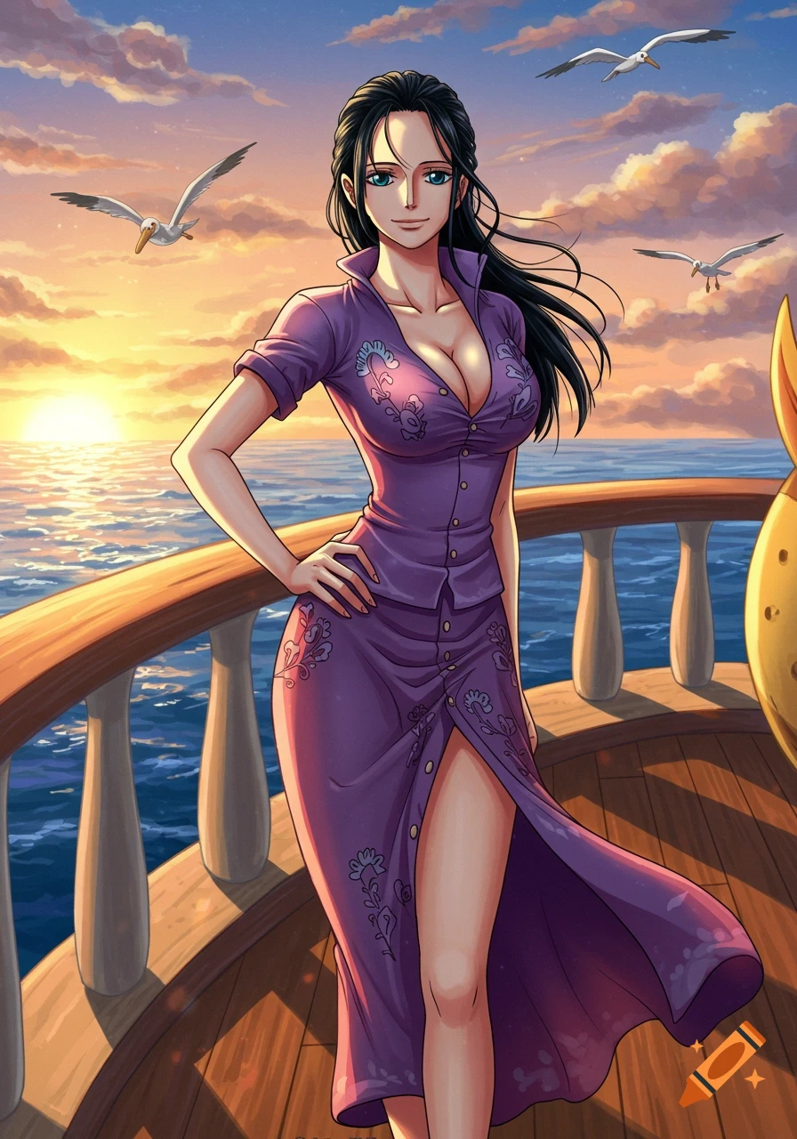 Nico Robin from One Piece stands on a ship's deck at sunset with seagulls flying overhead.