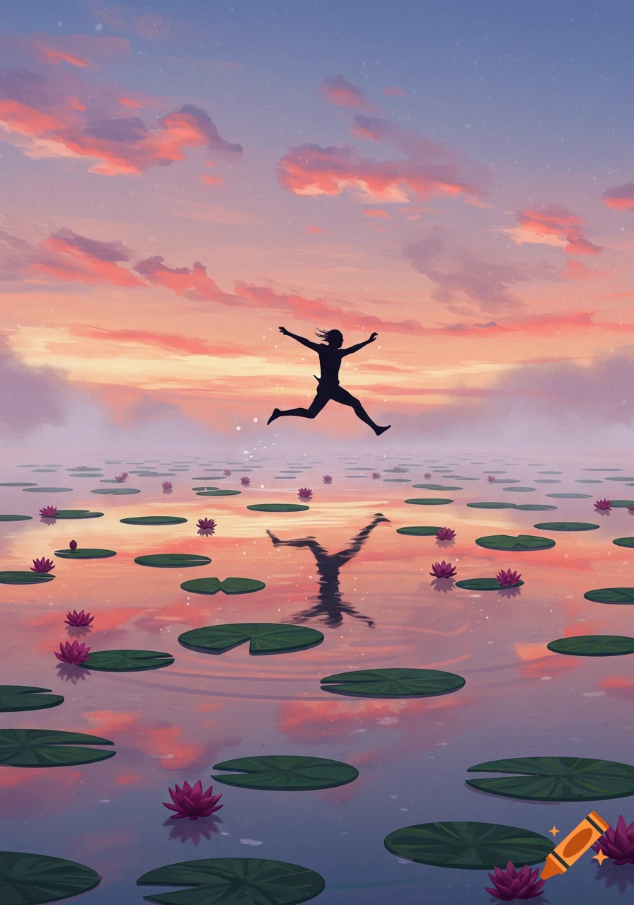 A silhouette of a person jumping over lily pads on a calm lake during sunset, with a vibrant sky reflected in the water.