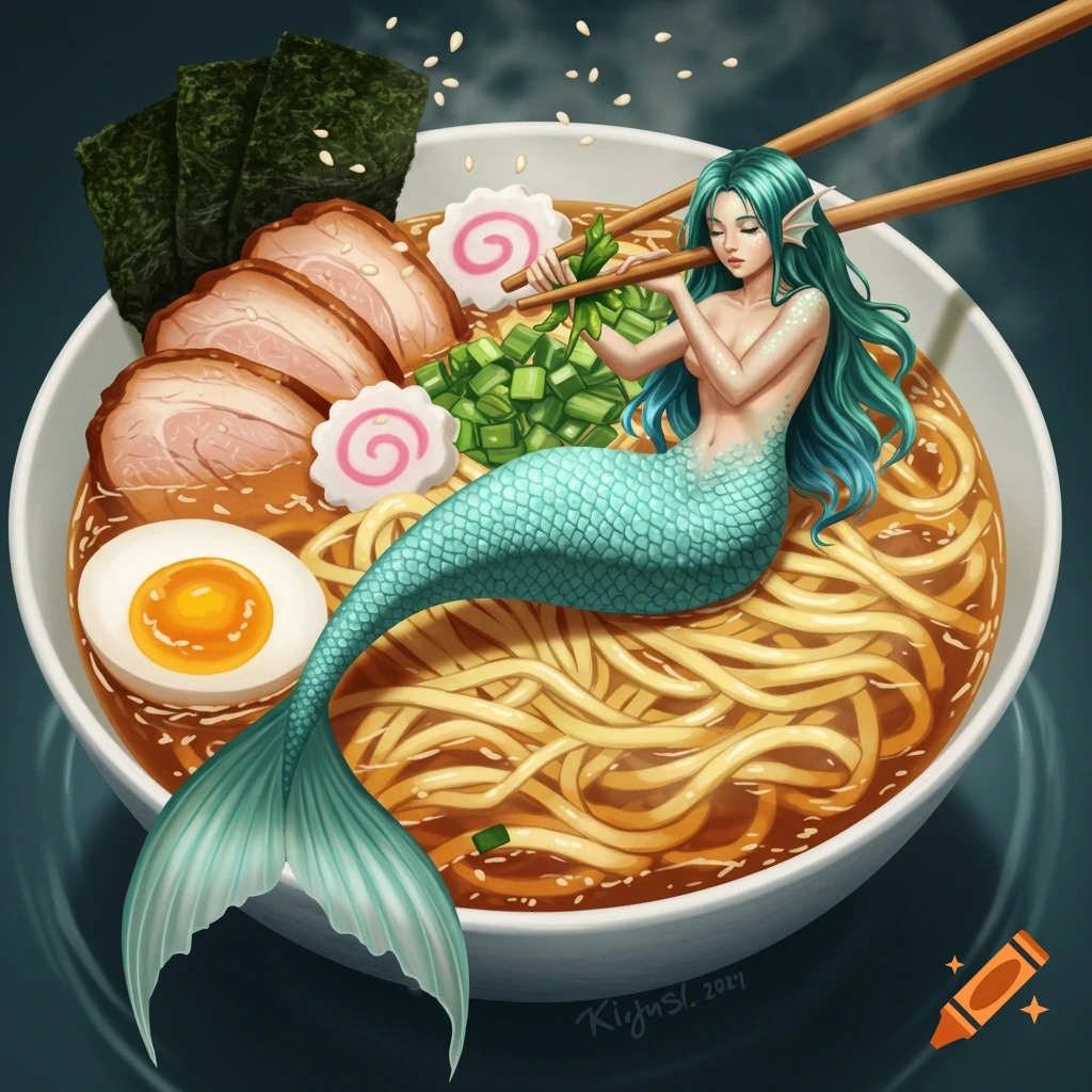 A teal-tailed mermaid with green hair holding chopsticks sits in a bowl of ramen with pork slices, seaweed, and an egg, in an illustrated style.