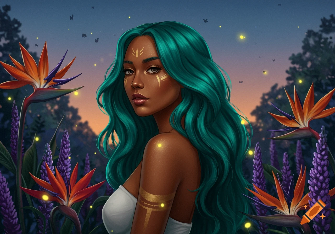 A stylized portrait of a woman with brown skin, long teal hair, and golden markings in a vibrant fantasy garden with orange flowers and glowing lights.