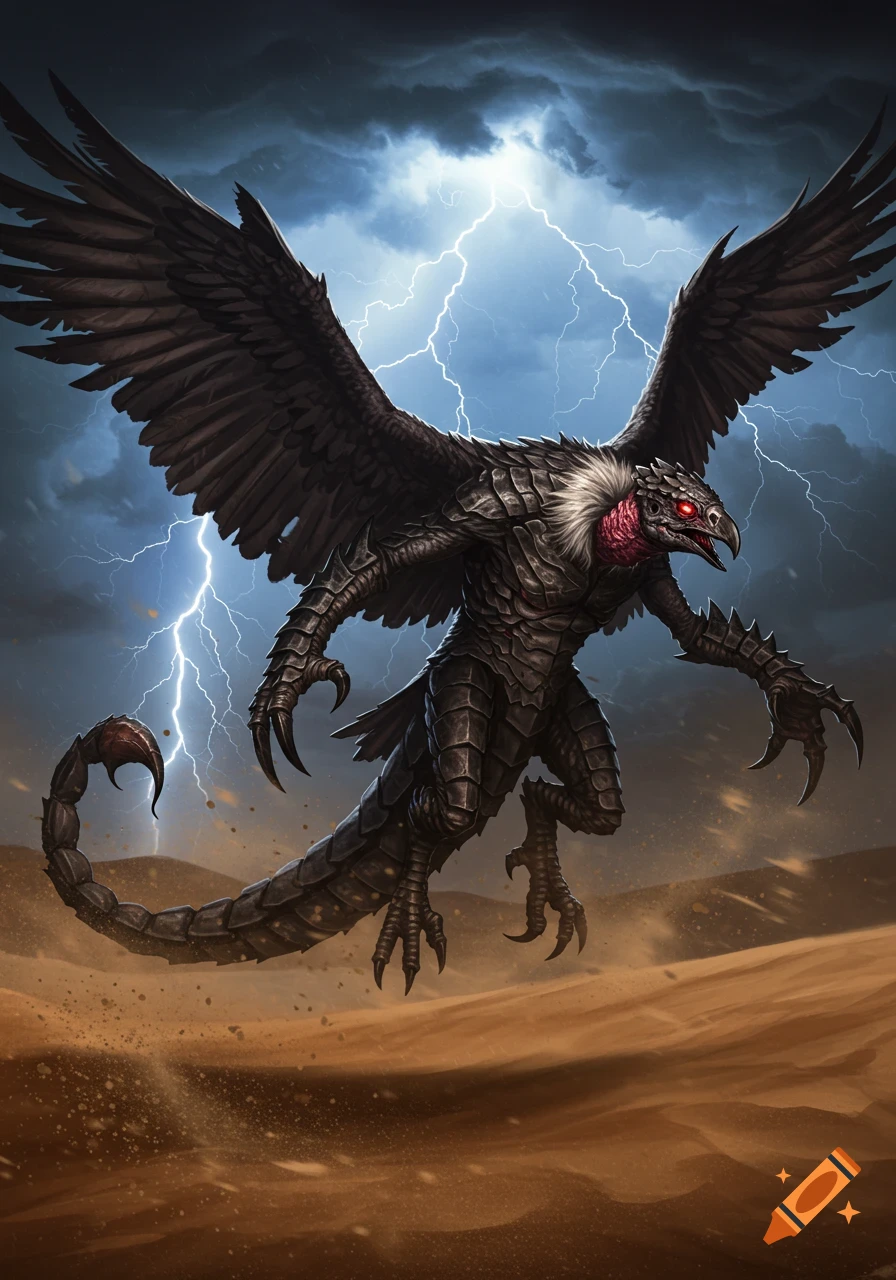 A dark, armored vulture-scorpion hybrid monster with red eyes and large wings hovers over a desert under a lightning storm.