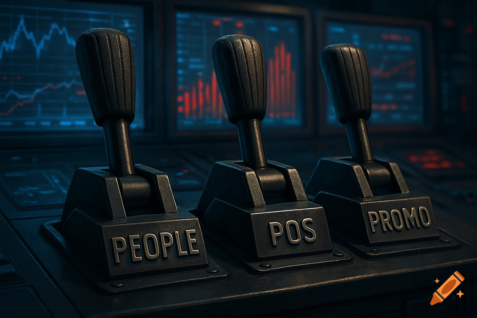 Three dark levers on a control panel with labels 'PEOPLE', 'POS', and 'PROMO', with digital data screens in the background.