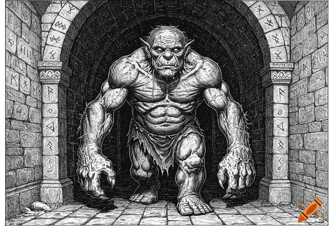 A black and white sketch illustration of a muscular, monstrous troll with large hands and feet, standing in a dark dungeon archway.