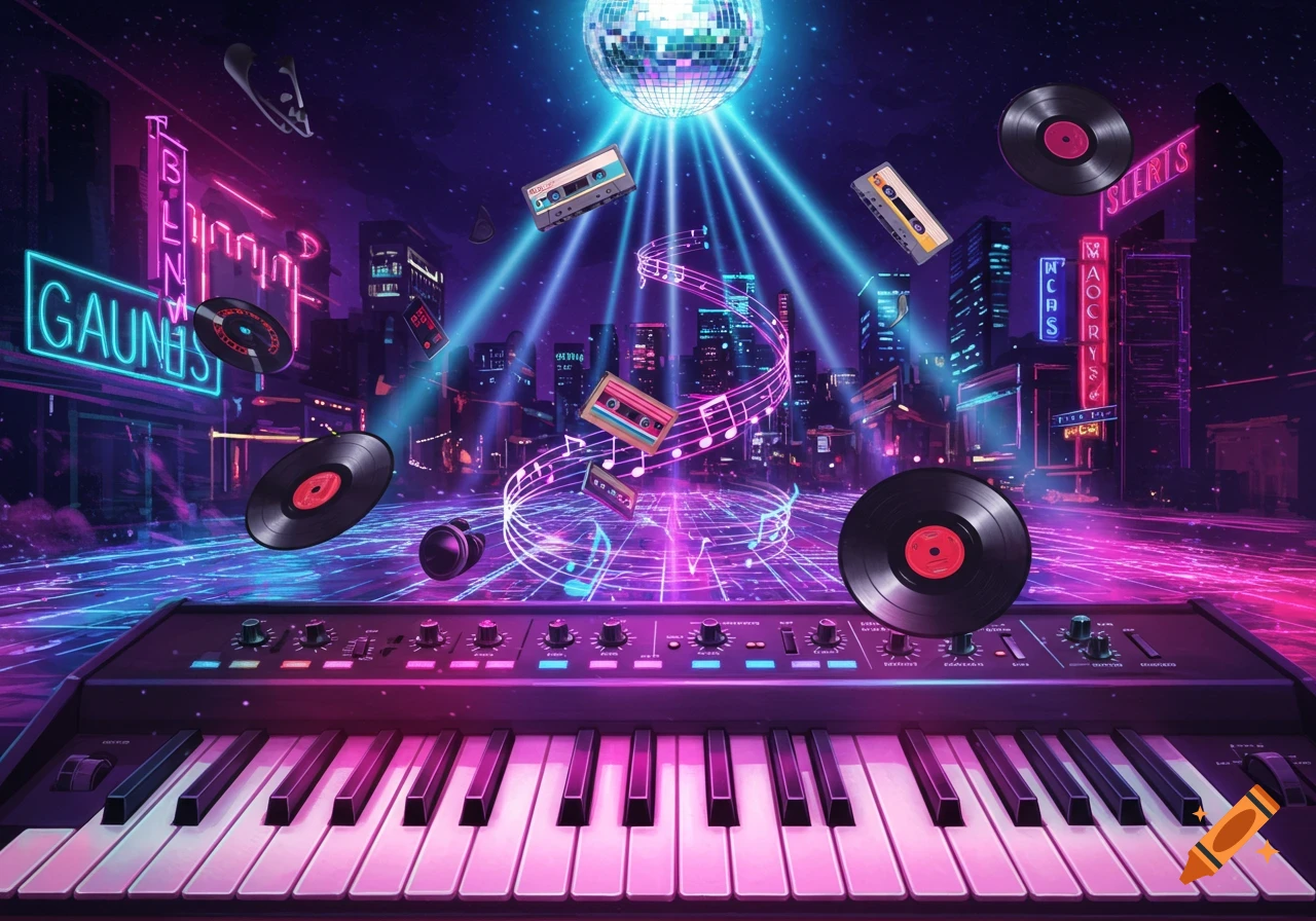 A vibrant 80s-themed cityscape at night with a synthesizer in the foreground, surrounded by floating vinyl records, cassette tapes, music notes, and a disco ball casting light.