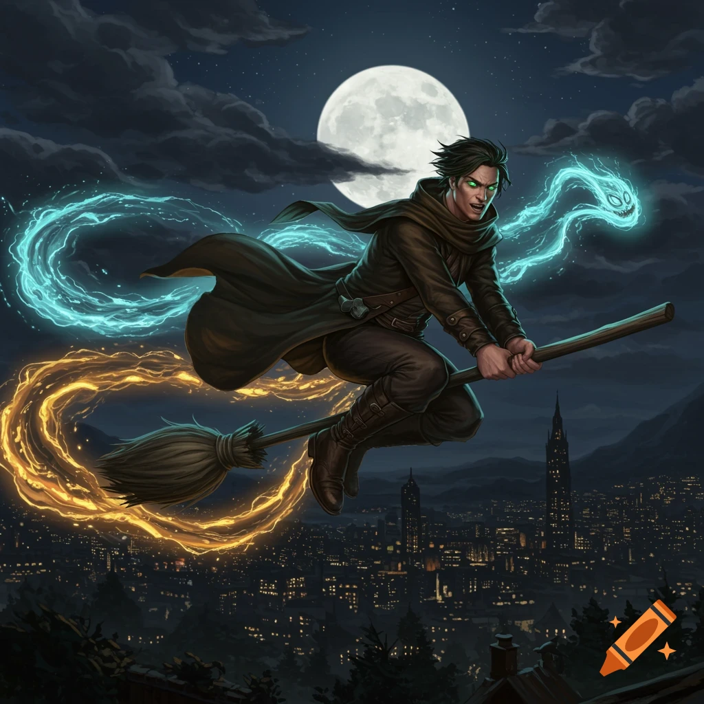 A dark fantasy illustration of a male witch with glowing green eyes flying on a broomstick over a city at night, trailed by blue and orange magical energy and a small ghost.
