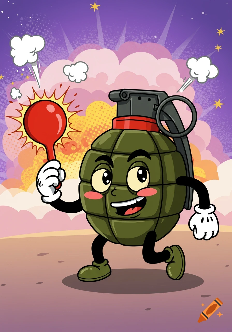 A happy cartoon hand grenade with arms and legs runs holding its red pin, set against a colorful pop-art background.