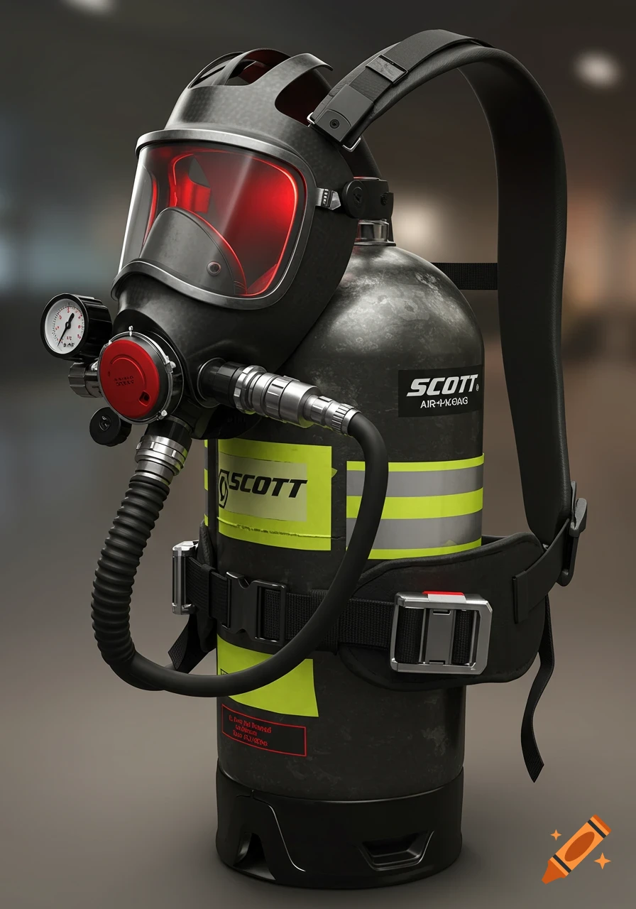 Photorealistic close-up of a black firefighter's SCBA unit with a red-tinted mask and a tank labeled 'SCOTT' with reflective yellow stripes.