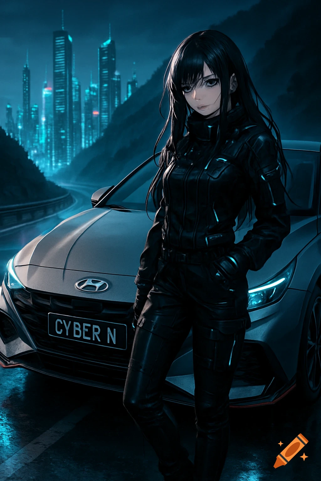 Anime girl in a black cyberpunk suit leaning on a silver Hyundai Elantra N, with a futuristic city backdrop at night.