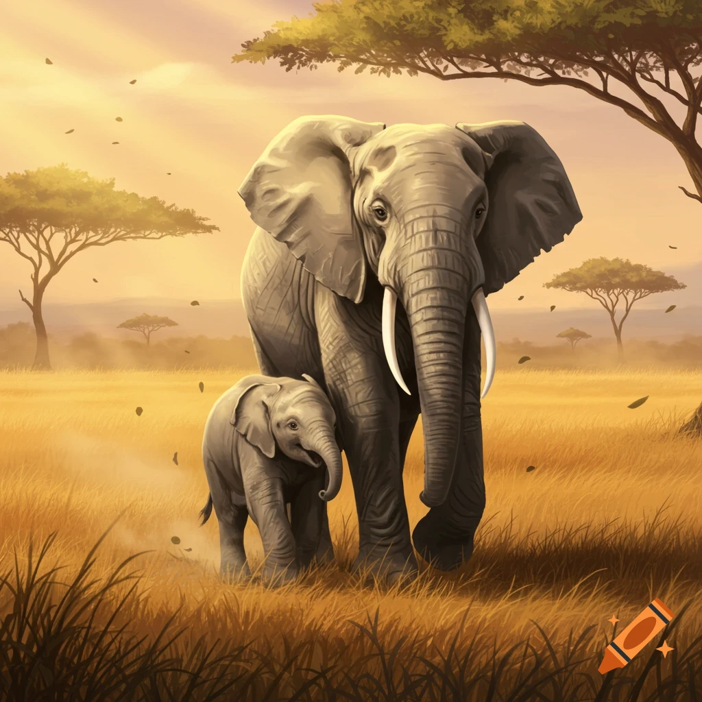 An adult elephant walks with a baby elephant through a golden savanna landscape with acacia trees under a warm sky.