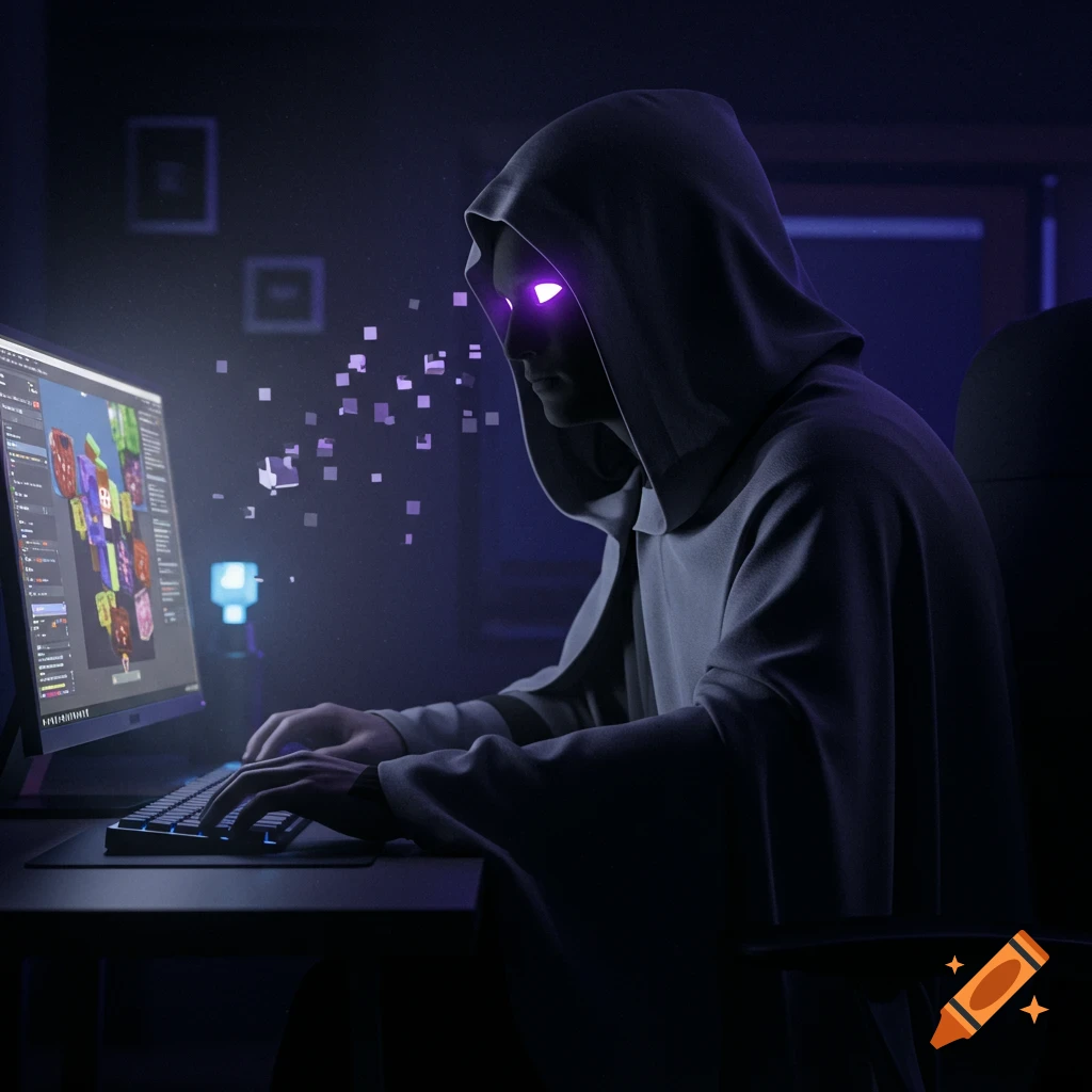 A mysterious cloaked figure with glowing purple eyes sits at a computer, typing on a keyboard, with pixelated purple particles emanating from their eyes.