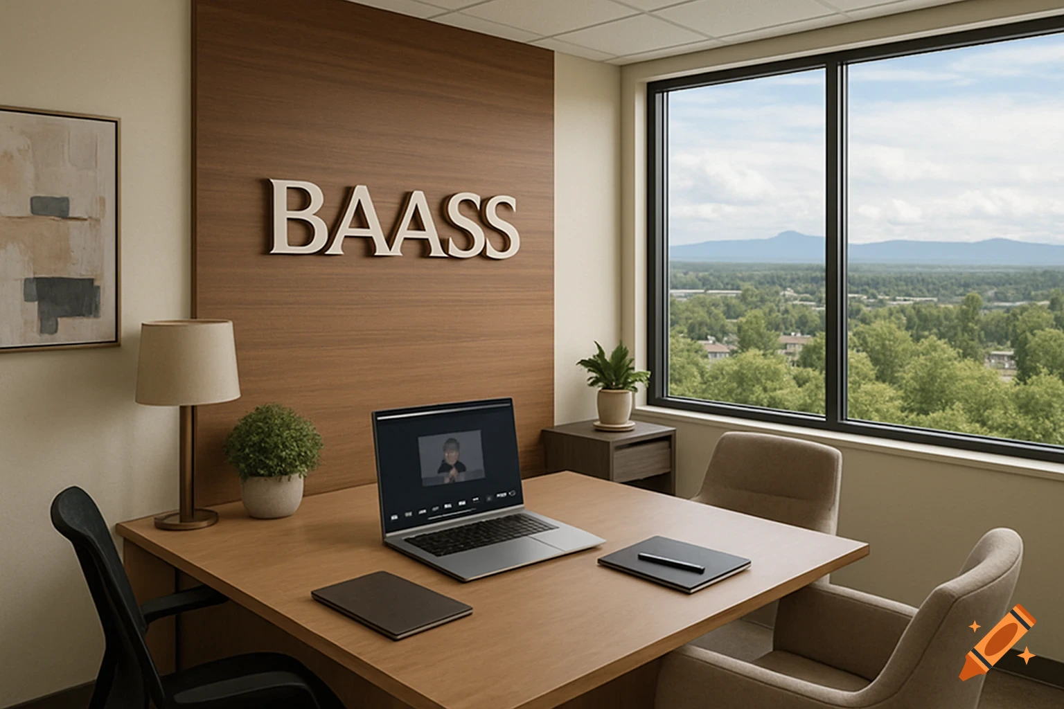 A professional office with a wooden accent wall featuring the BAASS logo, a desk with a laptop, and a large window overlooking a green landscape.