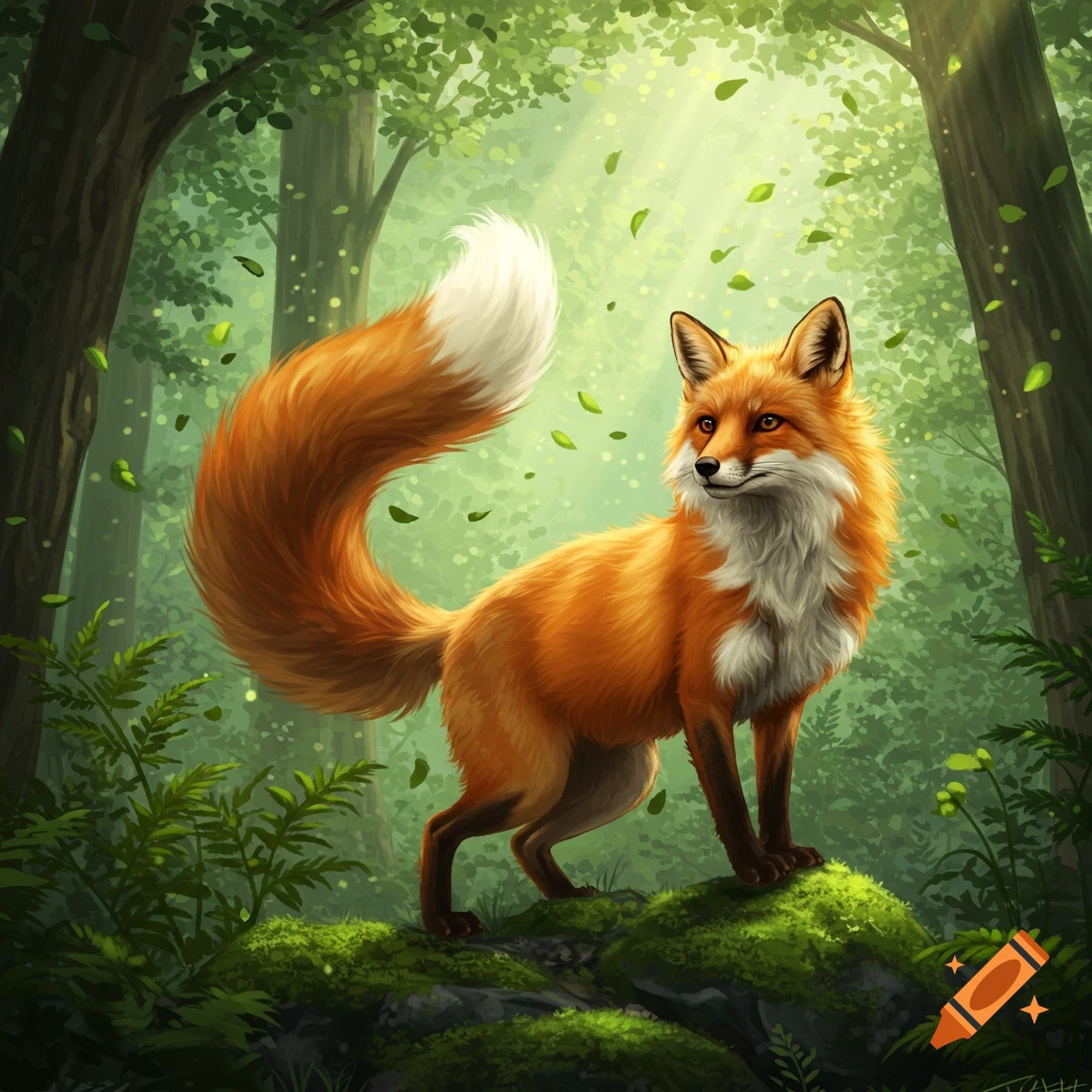 A vibrant illustration of a red fox with a bushy tail standing on mossy rocks in a sunlit forest with falling green leaves.