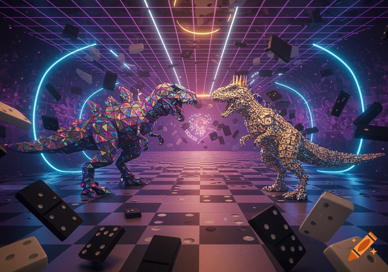 Two stylized dinosaurs, one geometric and one made of dominoes, face each other in a vibrant, neon synthwave grid with floating dominoes.
