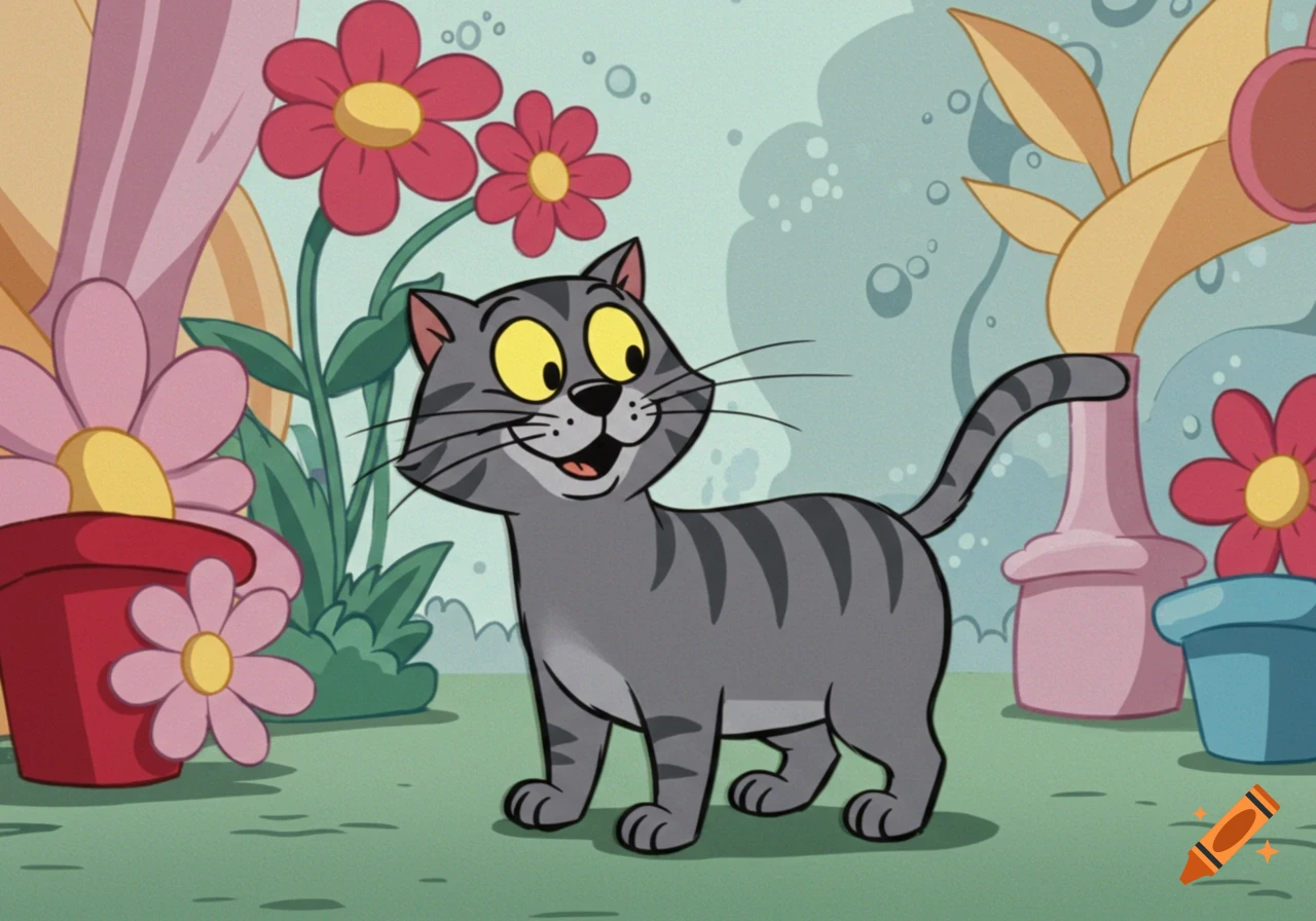 A Hanna-Barbera cartoon-style gray tabby cat with yellow eyes stands among colorful flowers in a garden.