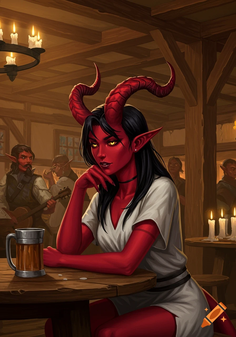 A red-skinned tiefling woman with horns and black hair sits at a tavern table with a beer mug.