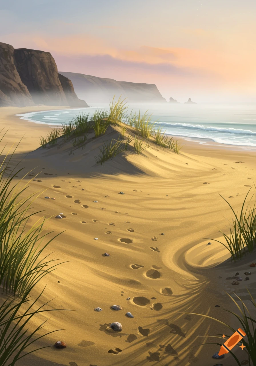 A vibrant digital painting of a sandy beach with a dune covered in tall grass, leading to the ocean and distant cliffs under a pastel sky.