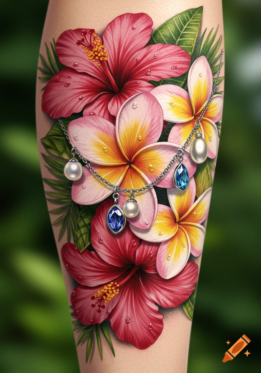 Vibrant tattoo on a leg featuring pink plumeria and red hibiscus flowers with water droplets, interwoven with a silver chain holding pearl, sapphire, and turquoise charms.