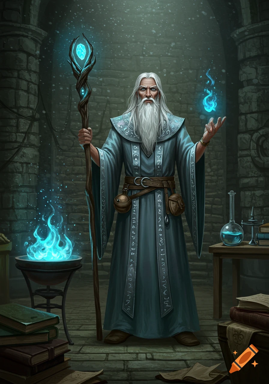 A wise wizard with a long white beard holding a glowing staff and conjuring blue fire in a stone chamber.