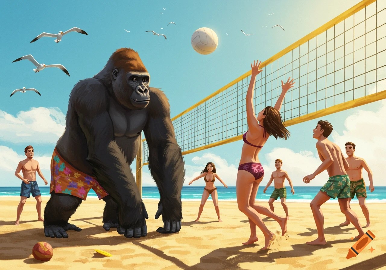 A large gorilla in patterned shorts plays beach volleyball with several humans in swimwear on a sunny beach.