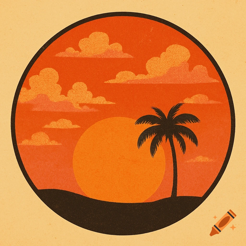 A circular 70s style logo of an orange sunset with a silhouetted palm tree and land.