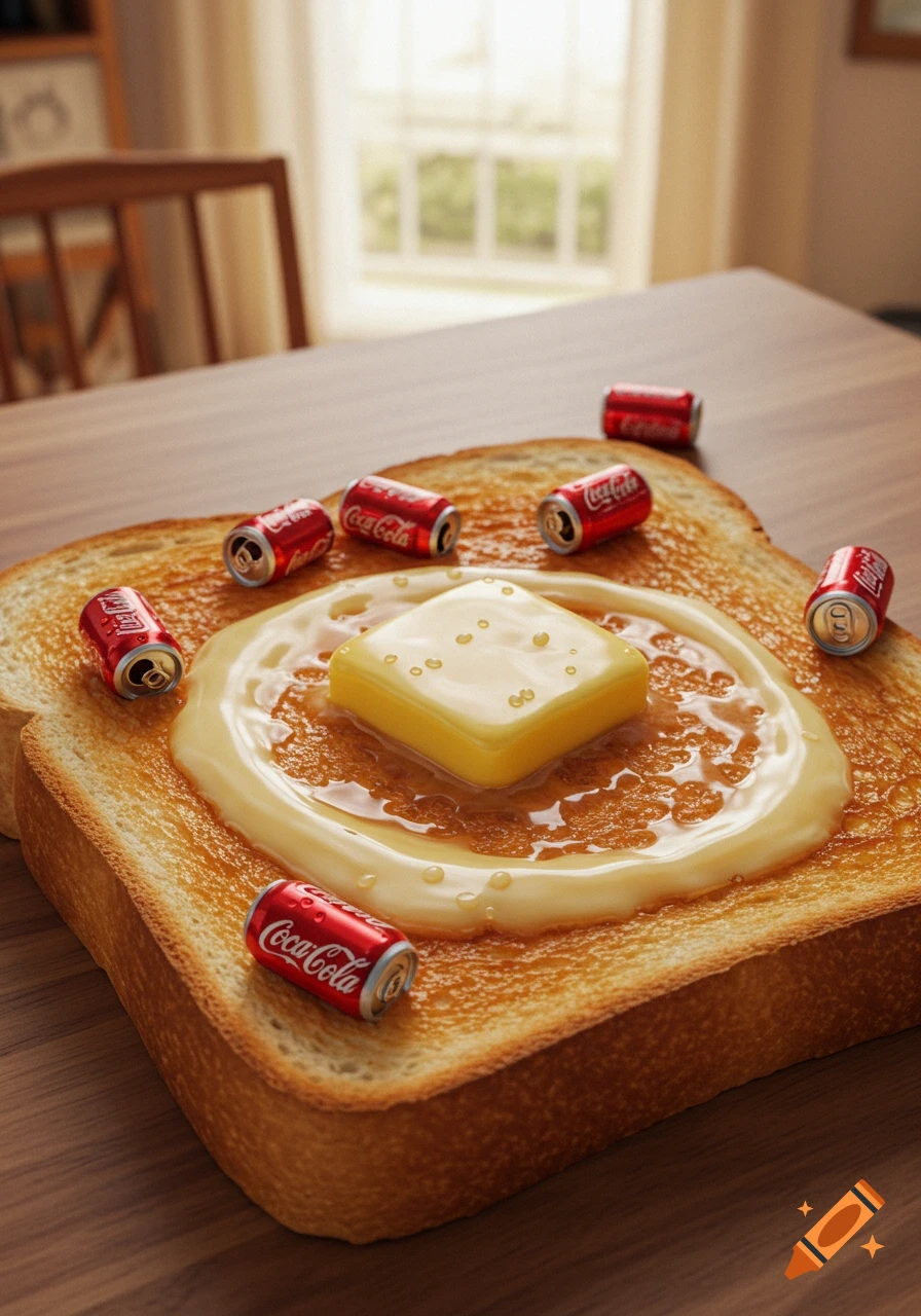 Photorealistic image of a slice of toast topped with melting butter and several miniature Coca-Cola cans on a wooden table.