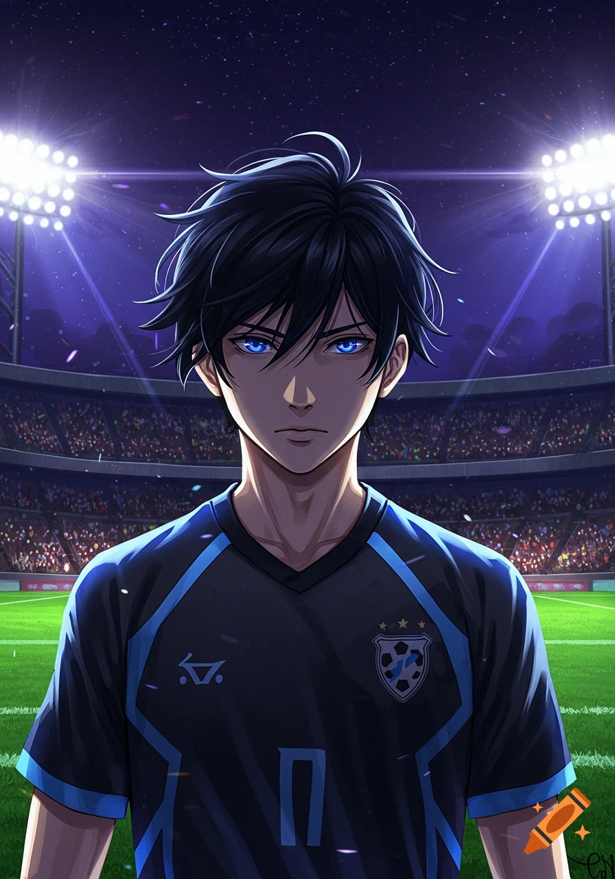 An anime-style male soccer player with black hair and blue eyes in a dark blue jersey stands on a field in a stadium at night.