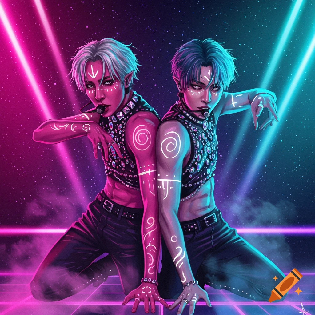 Two stylized male figures with neon body paint and stage outfits kneel back-to-back on a futuristic grid floor with pink and blue neon lights.
