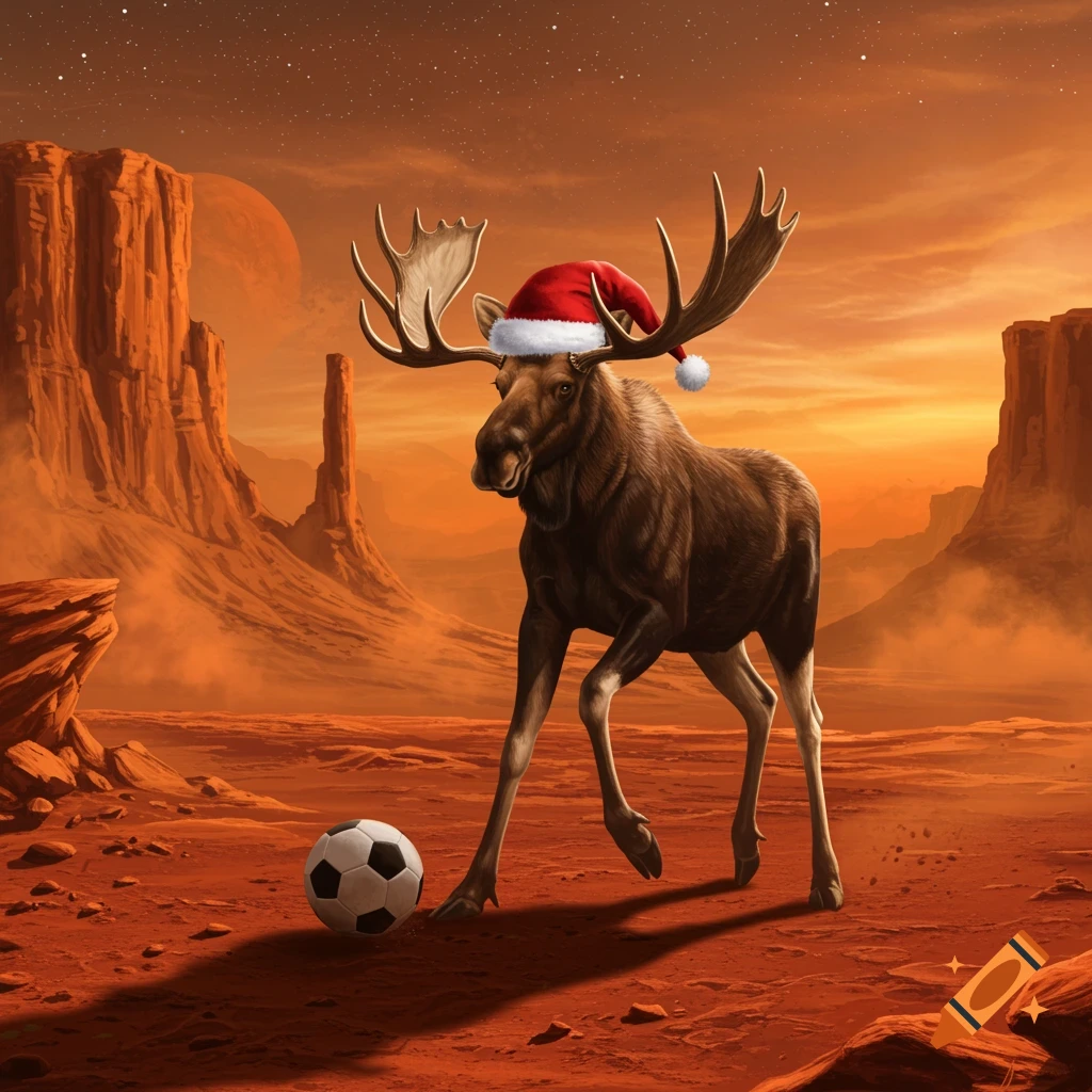 A moose wearing a red Christmas hat stands next to a soccer ball on the rocky, red surface of Mars, with mesas and a distant planet under a starry sky.