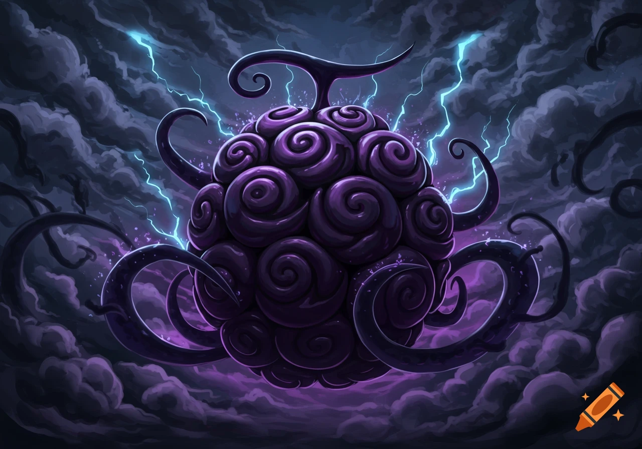 A stylized, dark purple, fruit-like object with spiral patterns and tendrils, floats amidst dark stormy clouds with bright blue lightning strikes, in a fantasy illustration style.