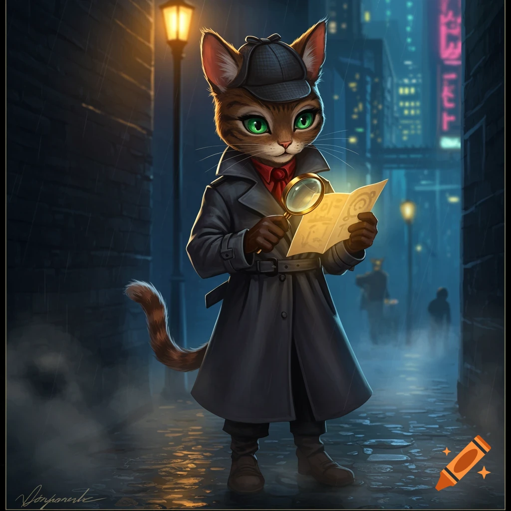 A cartoon cat detective in a trench coat and deerstalker hat examines a map with a magnifying glass in a rainy city alley.