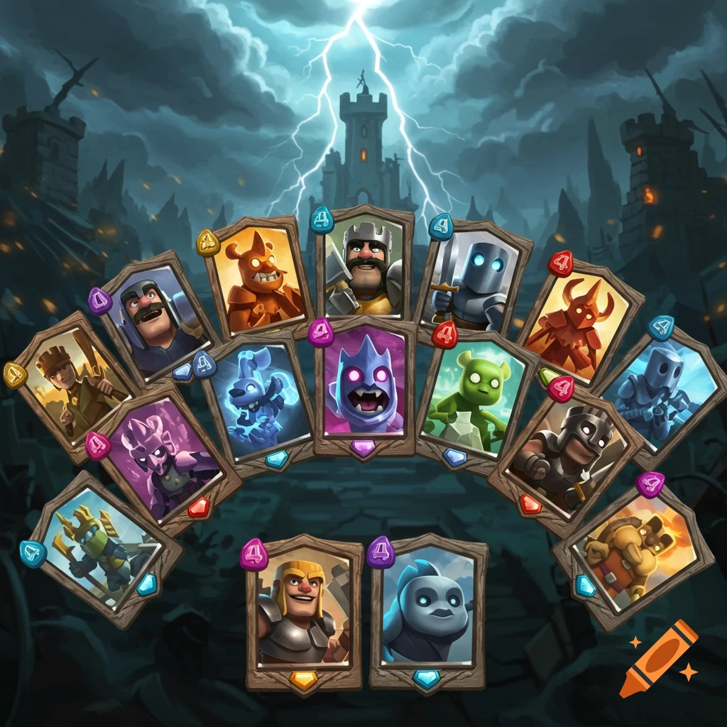 Cartoon fantasy game cards arranged in an arc against a dark, stormy castle background with lightning.