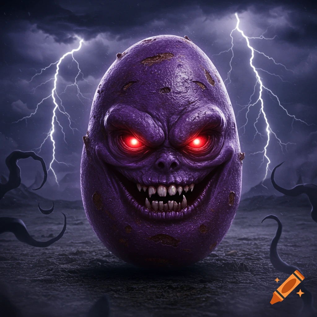 A monstrous purple potato with glowing red eyes and sharp teeth under a stormy sky with lightning.