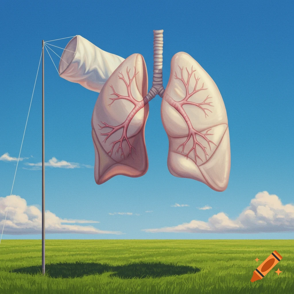 Stylized illustration of human lungs suspended from a flagpole like a windsock, against a blue sky over a green field.